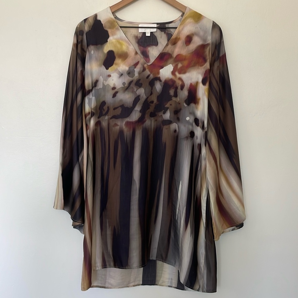 Alexis | Silk Cotton Blend V-Neck Kimono Bell Sleeve Hi Low Tunic Dress Small